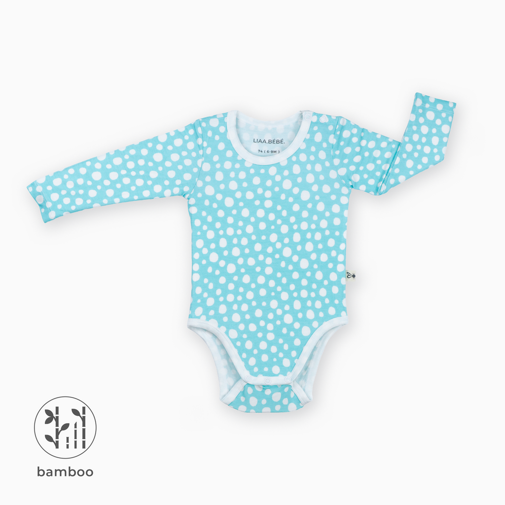 LiaaBébé toddler long sleeve bodysuit Light Blue with dots.