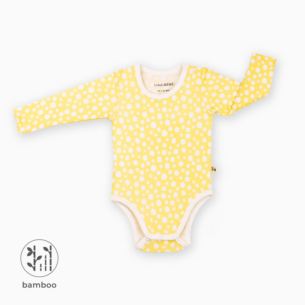 LiaaBébé toddler long sleeve bodysuit Light Yellow with dots.