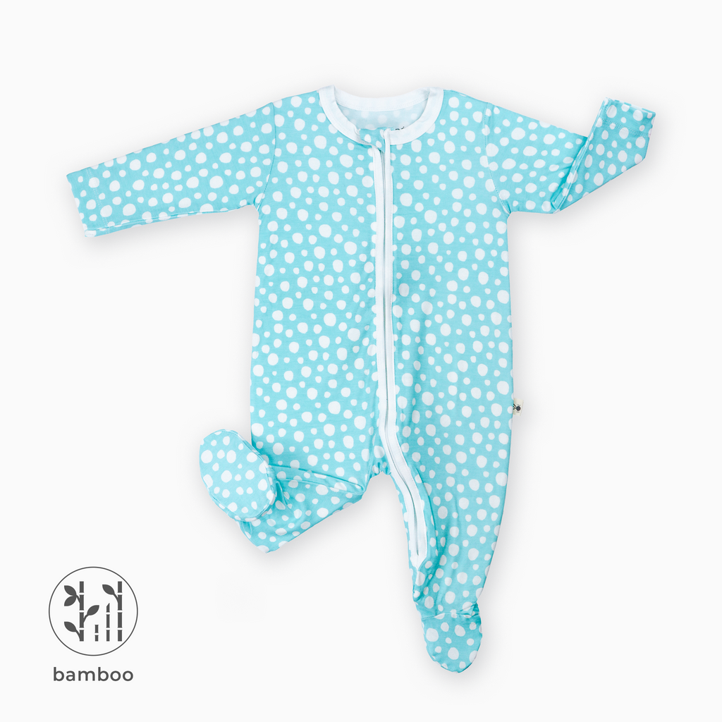 LiaaBébé Toddler Sleepsuit Light Blue with dots and feet.