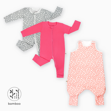 2 LiaaBébé Sleepsuits without feet. One in hot pink and one in light grey with dots. 1 LiaaBébé Sleeping Bag with feet in light pink color.
