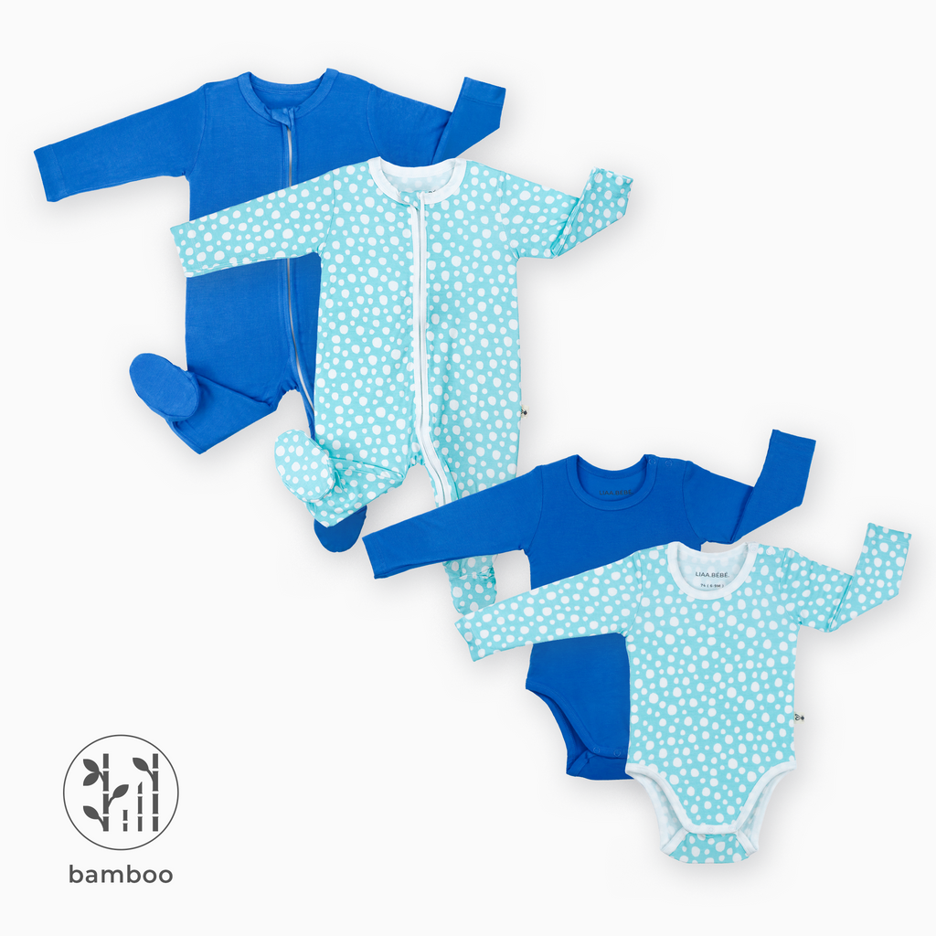 2 LiaaBébé Sleepsuits with feet and 2 Long Sleeve Bodysuits. One in french blue, one in light blue with dots.