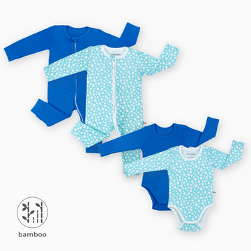 2 LiaaBébé Sleepsuits without feet and 2 Long Sleeve Bodysuits. One in french blue, one in light bluewith dots.